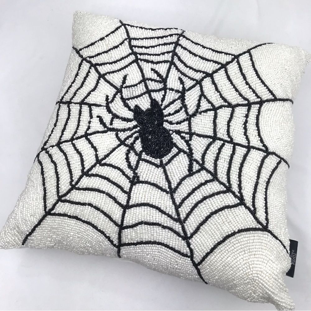 Noir Night Black Spiderweb White Beaded 16” Halloween Decor Accent Throw Pillow